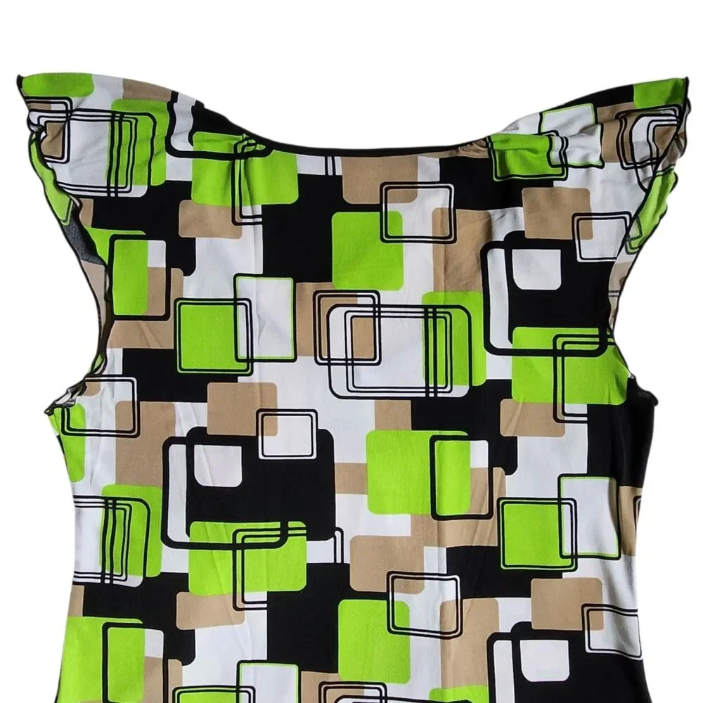 Cato Multi Color Geometric Print V Neck Flutter Sleeve Top sz M